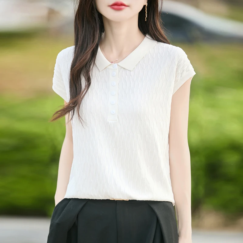 レディースポロカラー Tシャツ夏の新作リヨセルニット半袖カジュアル無地シャツレディースプルオーバールーズトップ