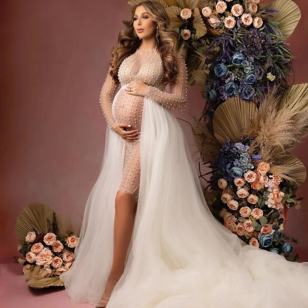 Pearl Rhinestone Maternity Dresses Tulle Skirt Photoshoot Suit For Pregnant Women\'s Sexy Long Sleeve Pregnancy Photography Gowns