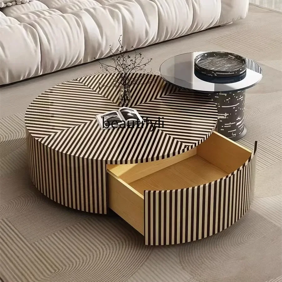 Italian Light Luxury Cream Style Zebra Stripes round Tempered Glass Creative Modern and Simple Living Room Coffee Table