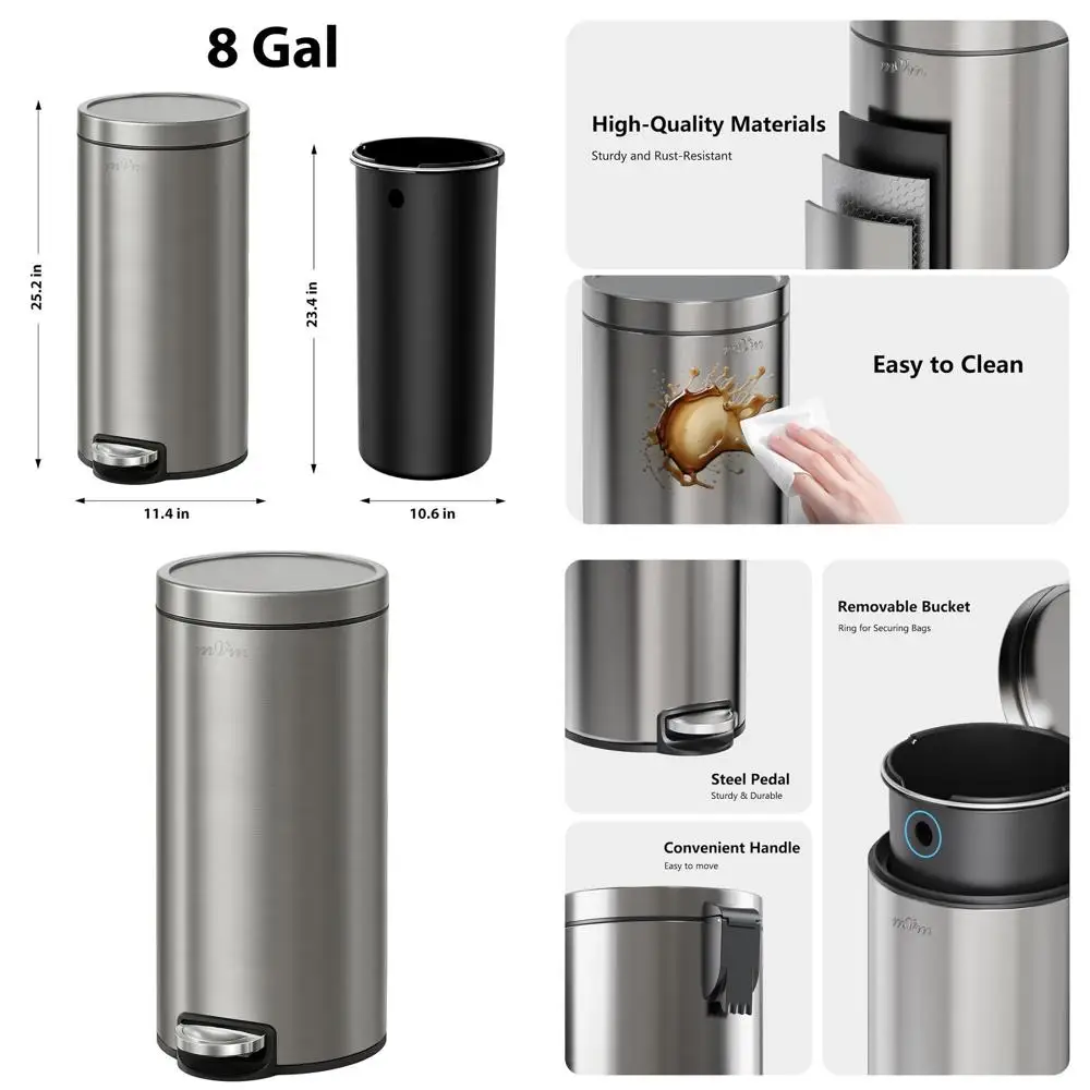 

8 Gallon Step-On Trash Can with Lid, Anti-Fingerprint, Brushed Stainless Steel, Ideal for Kitchen and Home Use (Metallic Gray)