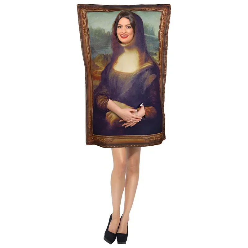 Mona Lisa ภาพจิตรกรรมฝาผนังเครื่องแต่งกายตลกชุดสําหรับผู้ใหญ่ unisex ฟองน้ํา jumpsuit ฮาโลวีนเครื่องแต่งกายคลาสสิกคอสเพลย์แฟนซีงานรื่นเริงชุด MN