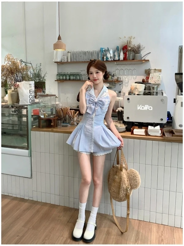 

Летний утягивающий комплект из двух предметов с высокой талией и воротником-стойкой Dr, повседневная модная женская одежда для милых девушек