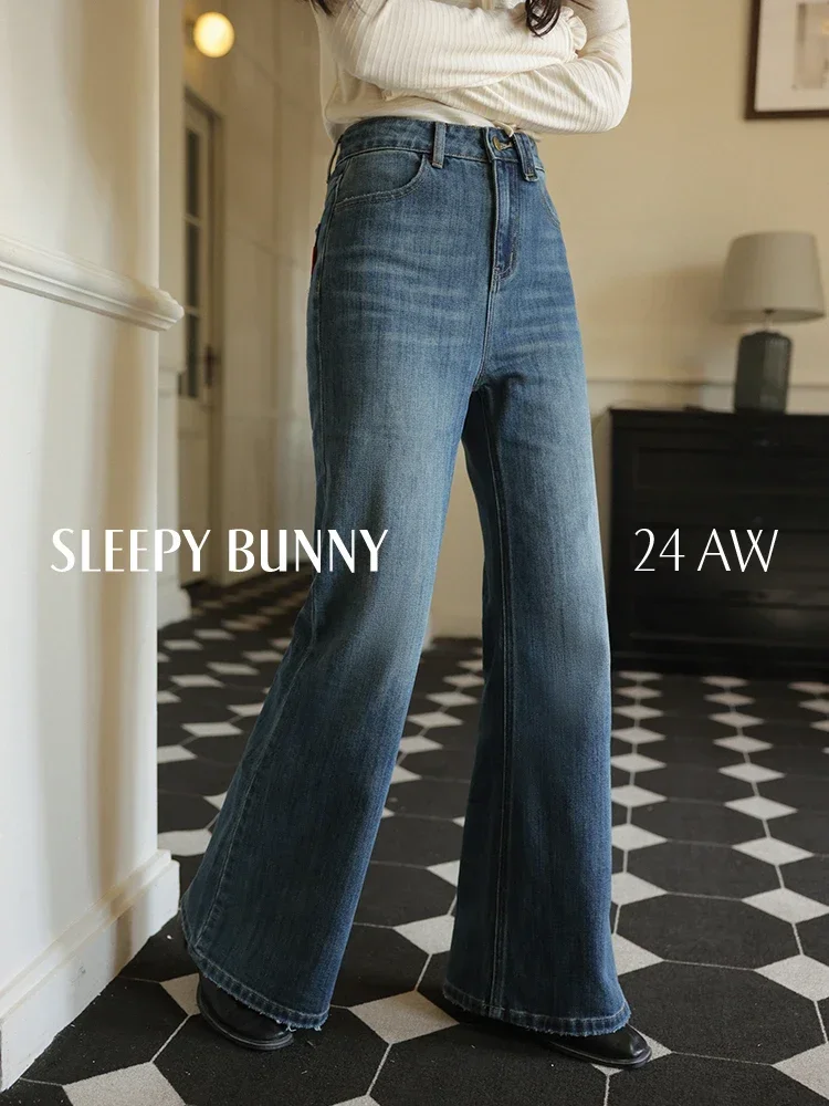 Spring High Waist Washed Denim Flared Pants for Women Loose Fit Wide Leg Jeans with Raw Hem Casual Stylish Bell Bottom Trousers