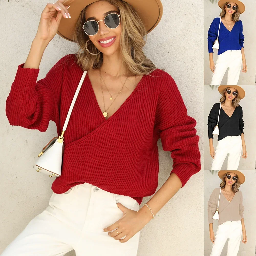 

Sweater Women's Solid Color Long Sleeve Knitted Top 2023 Autumn/Winter New V-neck Sweater Women