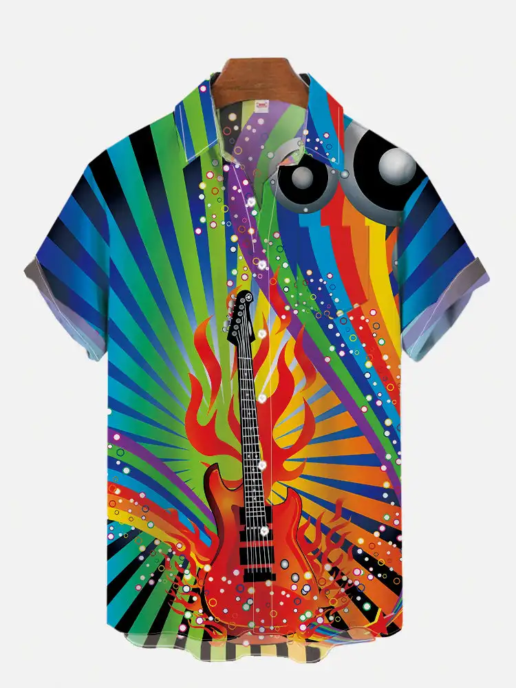 Eye-Catching Fire Electric Guitar Music Elements And Street Scenes3D Printing Short Sleeve Shirts For Men Fashion Hawaiian Shirt