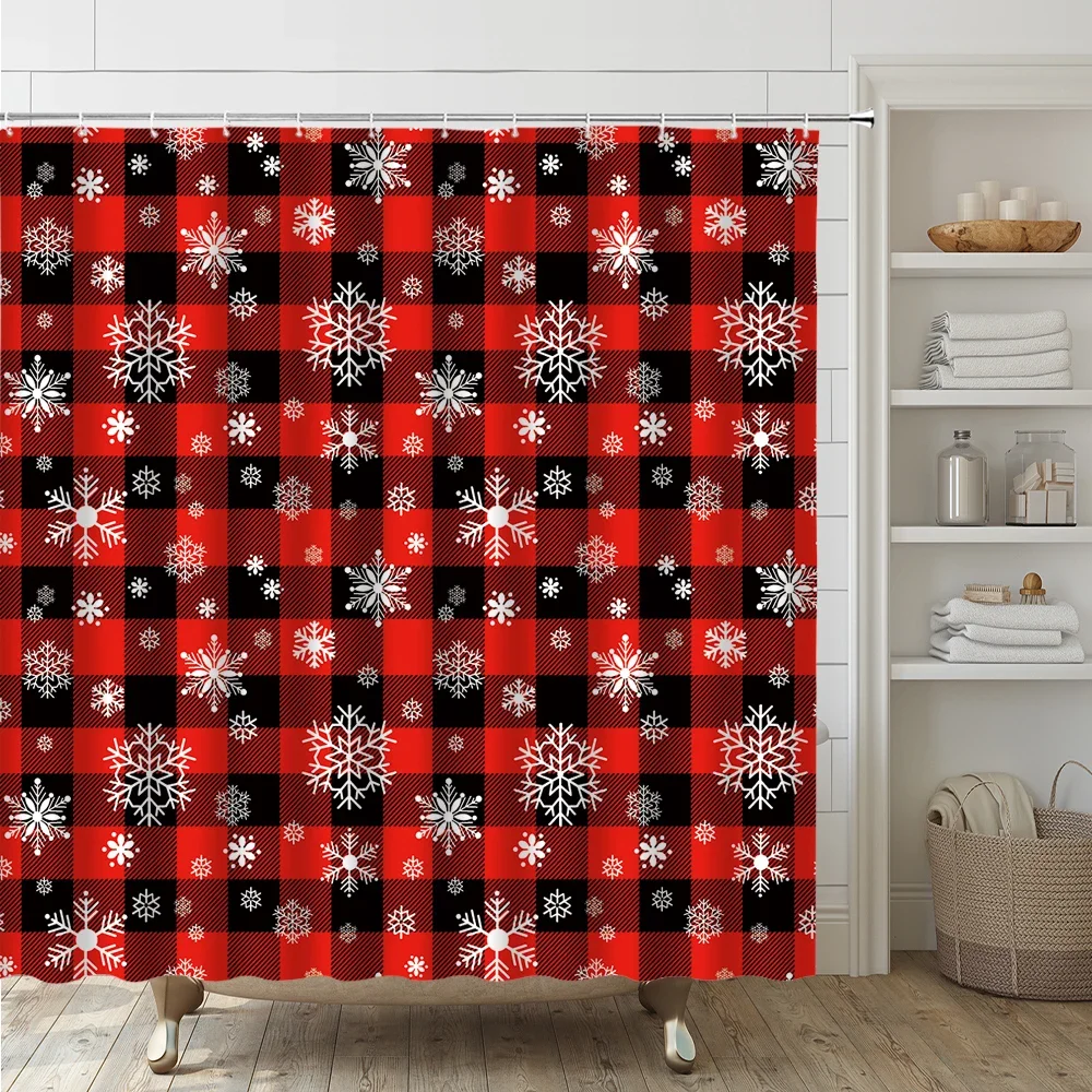 Christmas Snowflake Shower Curtain Set Red Black Buffalo Plaid Vintage Farmhouse Winter Bathroom Decor Bath Mat Rug Toilet Cover