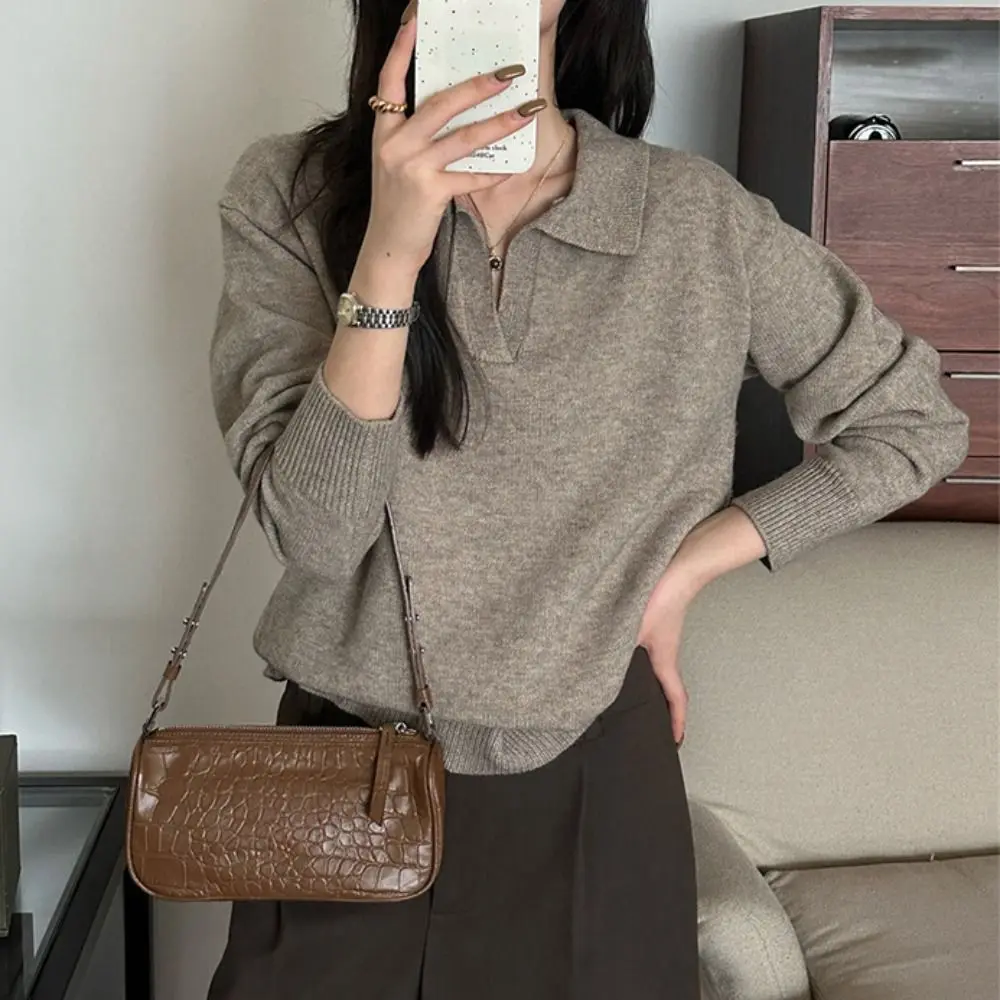 Mode Einfarbig Flip Kragen Strickjacken Ins Lose Pullover Mantel Einfache Pullover Gestrickte Top für Frauen Frühling