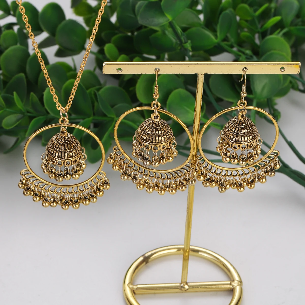 Retro Big Round Gold Color Lantern Tassel Wedding Jewellery Set Women's Ethnic Indian Jhumka Earrings Necklace Sets