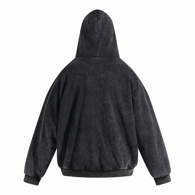 Retro washed black Kanye West zipper hoodie, double-layer fabric sweatshirt, loose men's streetwear