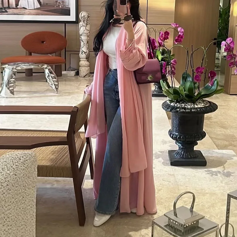 

Women's Fashion V-neck Solid Color Chiffon Coats Elegant Irregular Loose Long Jackets Autumn Casual Long Sleeve Cardigans Robe