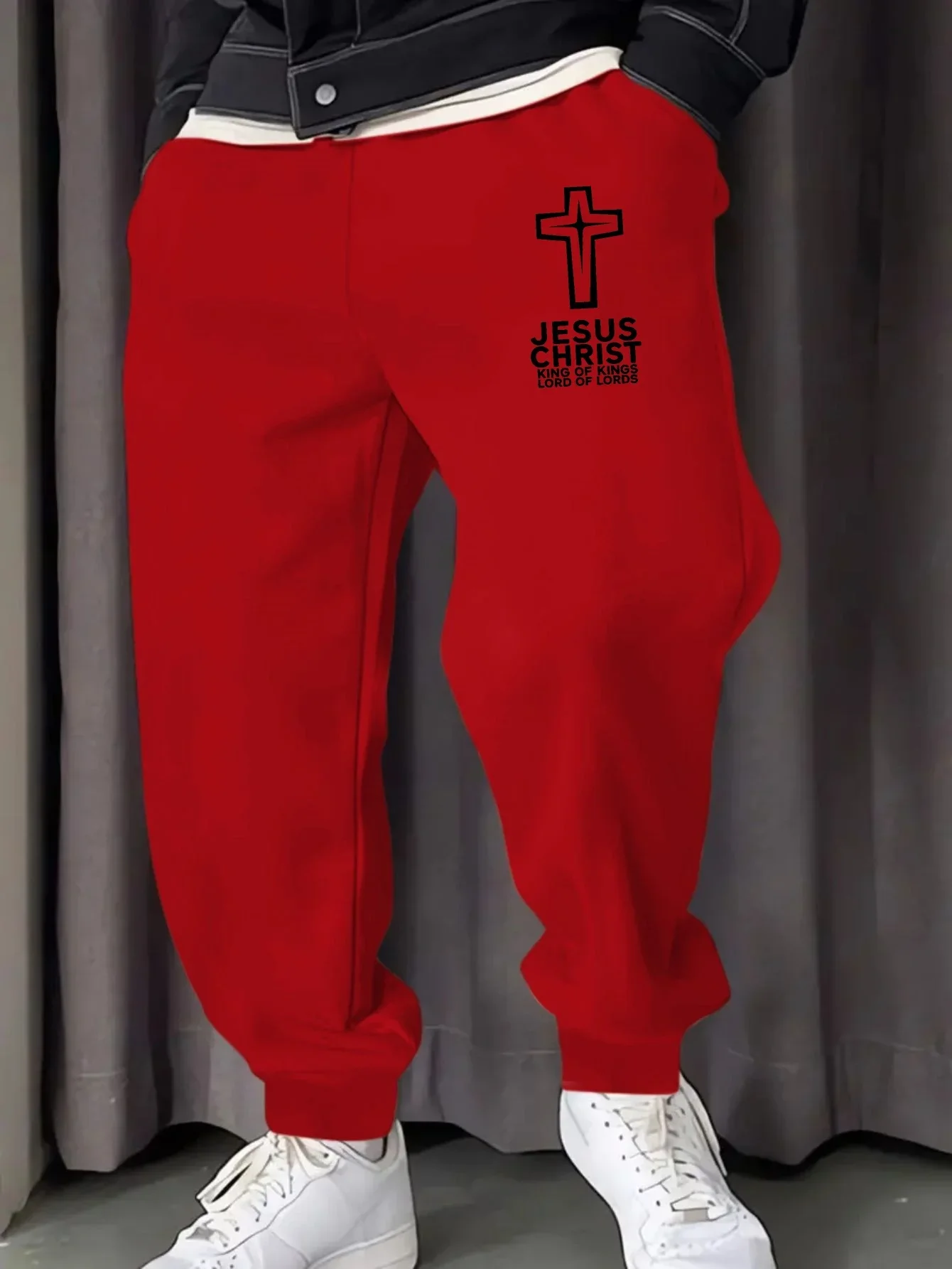 Pantaloni sportivi da uomo con motivo Gesù Cristo, pantaloni con coulisse stampati casual alla moda, stampa con design incrociato, adatti per S-3X casual