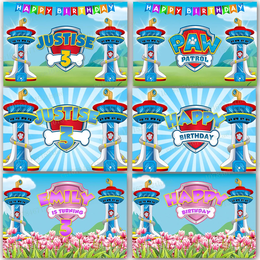 

Paw Patrol Customized Age Name Birthday Party Photo Background Baby Shower Photography Backdrop Cartoon Banner Decoration