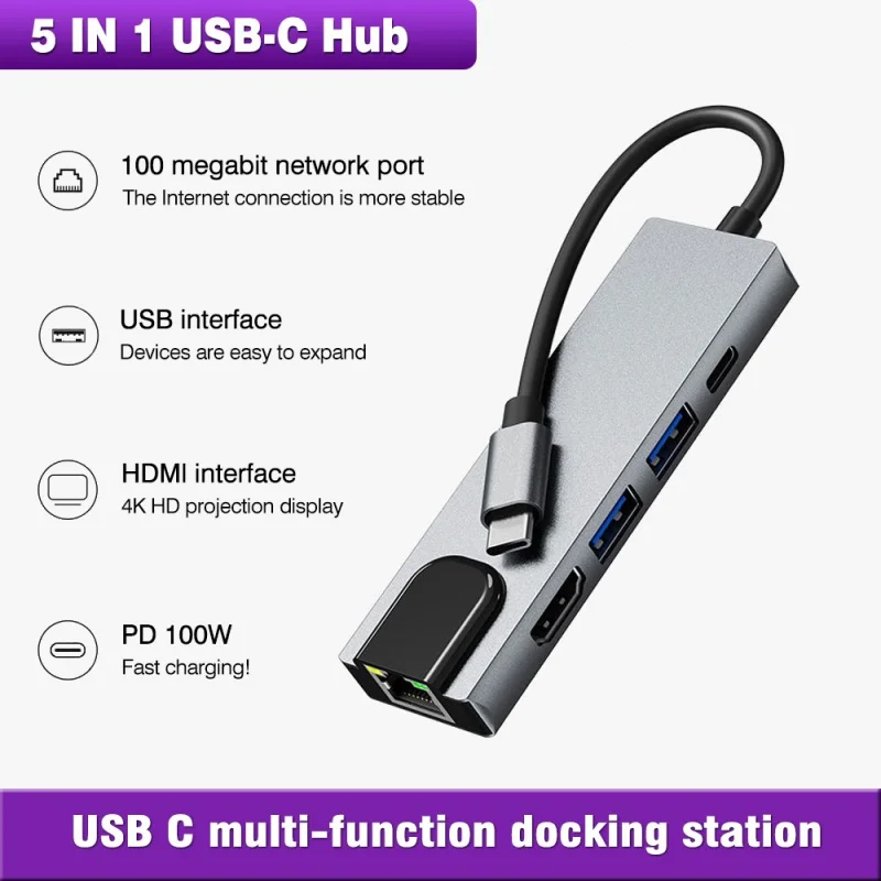 

5-in-1 usb-c hub Laptop Docking usb-c 4K HDMI Converter with Network port for Class C interface devices