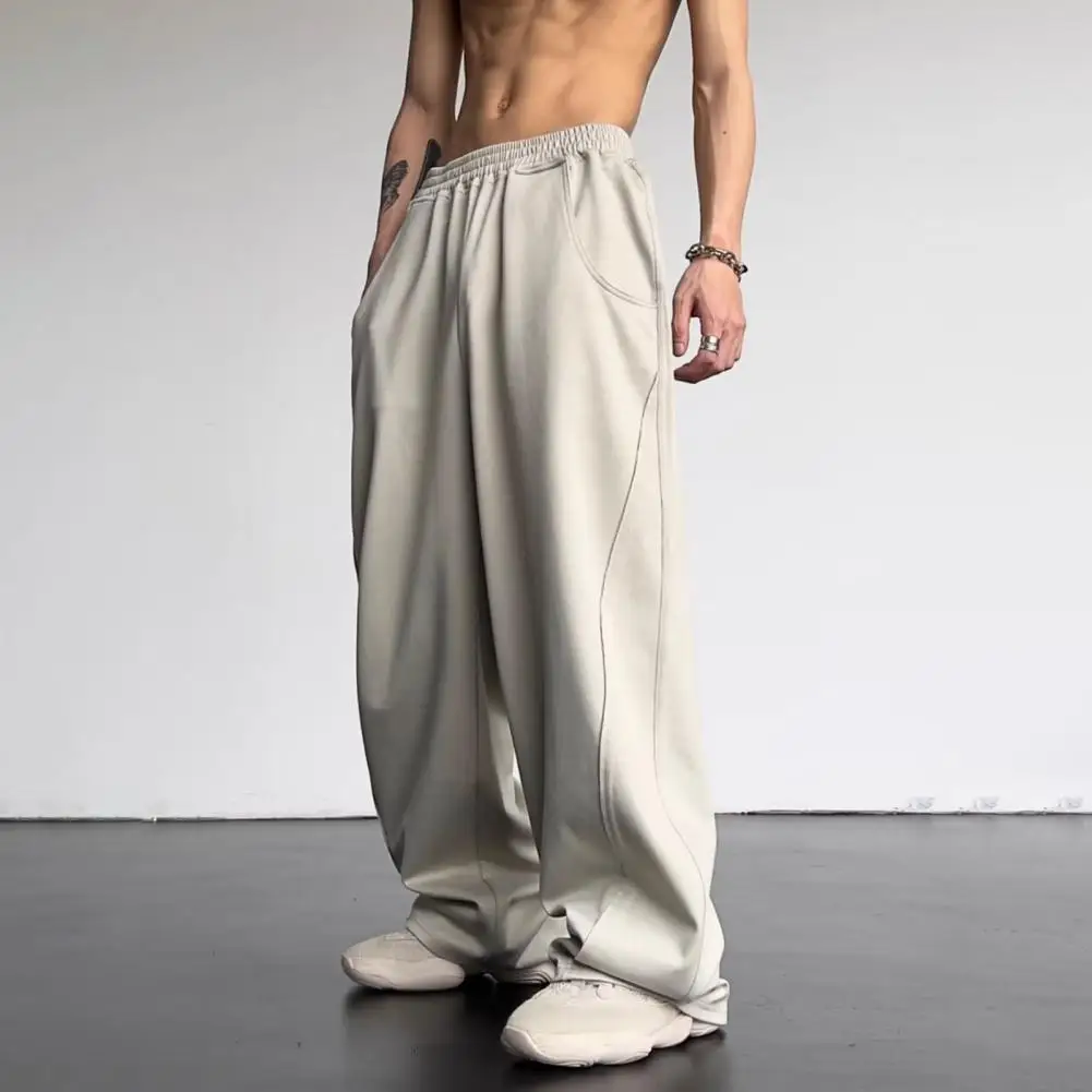 

Casual Wide-leg Trousers for Men Vintage American Style Men's Elastic Waist Wide Leg Pants with Pockets for Daily Wear Sport