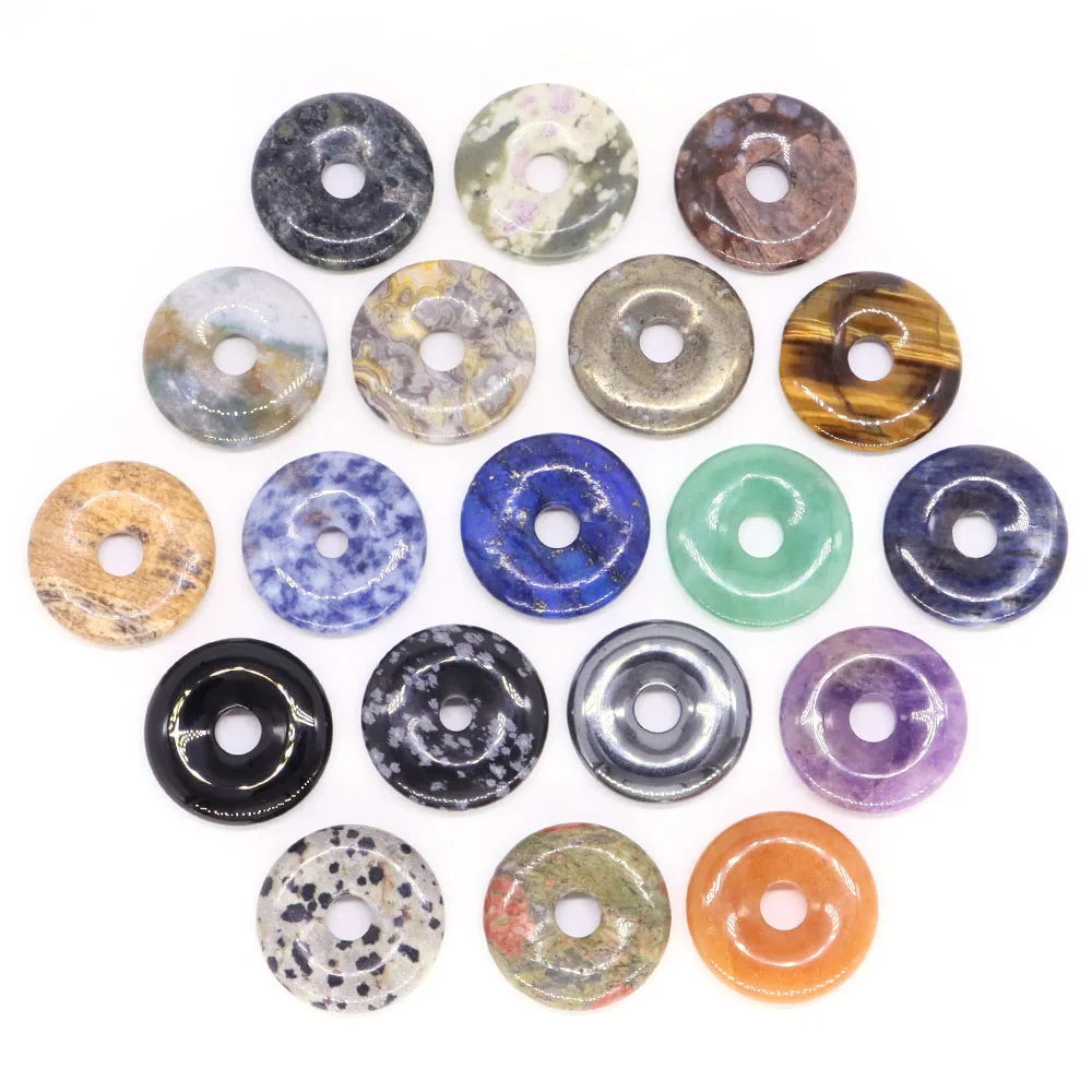 Wholesale 30mm Natural Round Big Hole Hollow Stones Healing Crystals Donut Charm Pendant For Making Jewelry Necklace Lucky Gifts