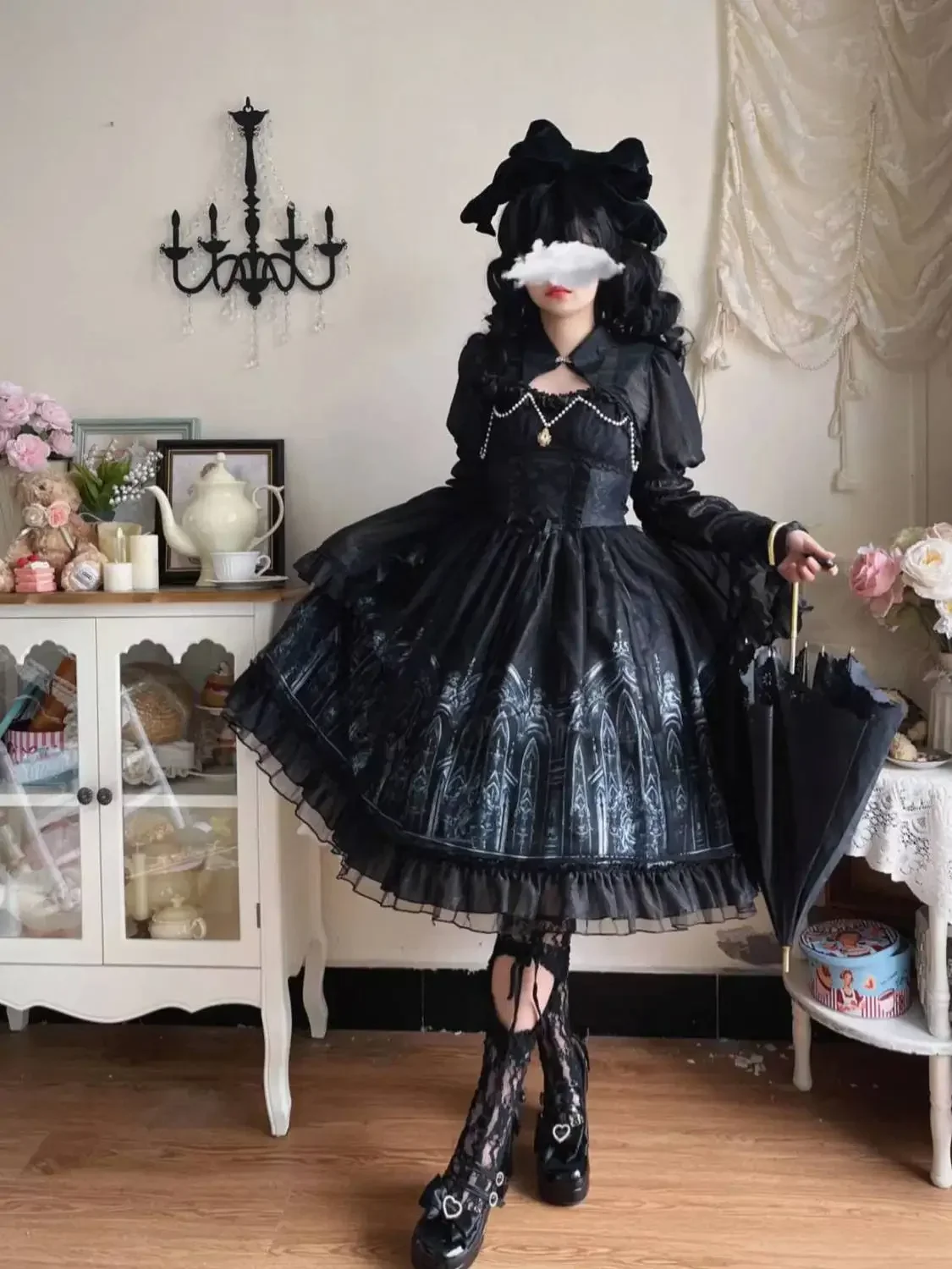 Japanese Lolita Gothic Dress Women Victorian Printed Long Sleeve Lace Vintage Dress With Shawl Harajuku Punk Party Evening Dress