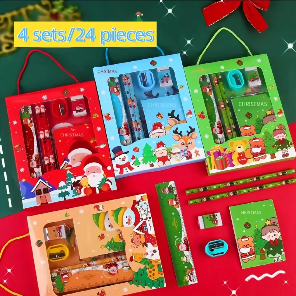 4PCS Christmas Stationery Gift Set Christmas Goodie Bag Fillers Include Pencil Eraser Ruler Sharpener Christmas Decoration