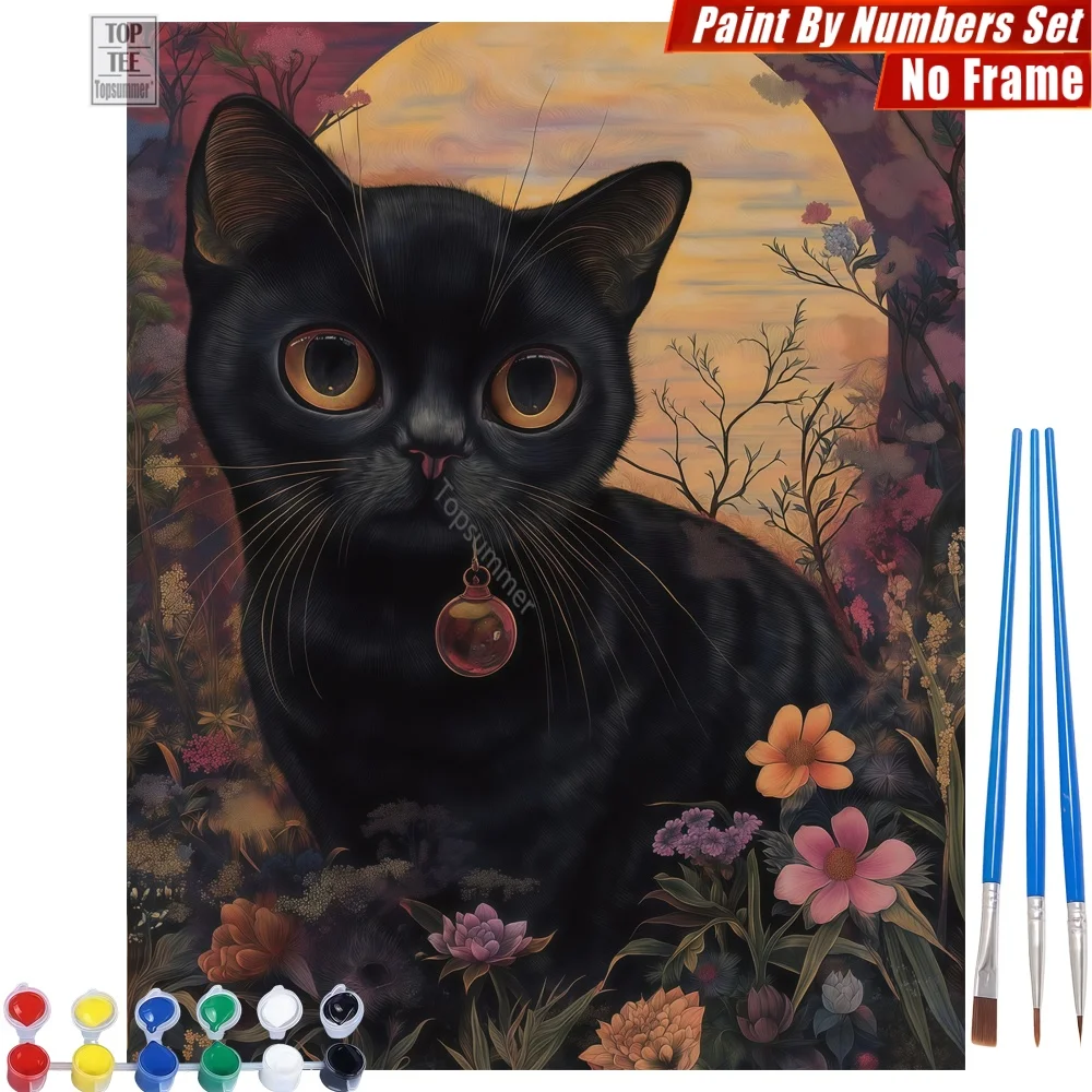 

Набор цифровых масляных красок «Таинственный черный кот» — Цветы, закат, глаза. Подарок для мужа на День мертвых, для семейного досуга.