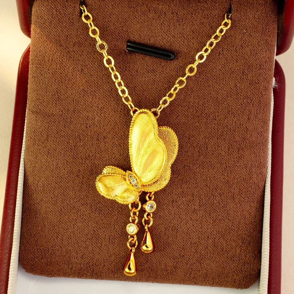 Drawwire point drill dream butterfly water drop pendant delicate all match style collarbone chain 9999gold