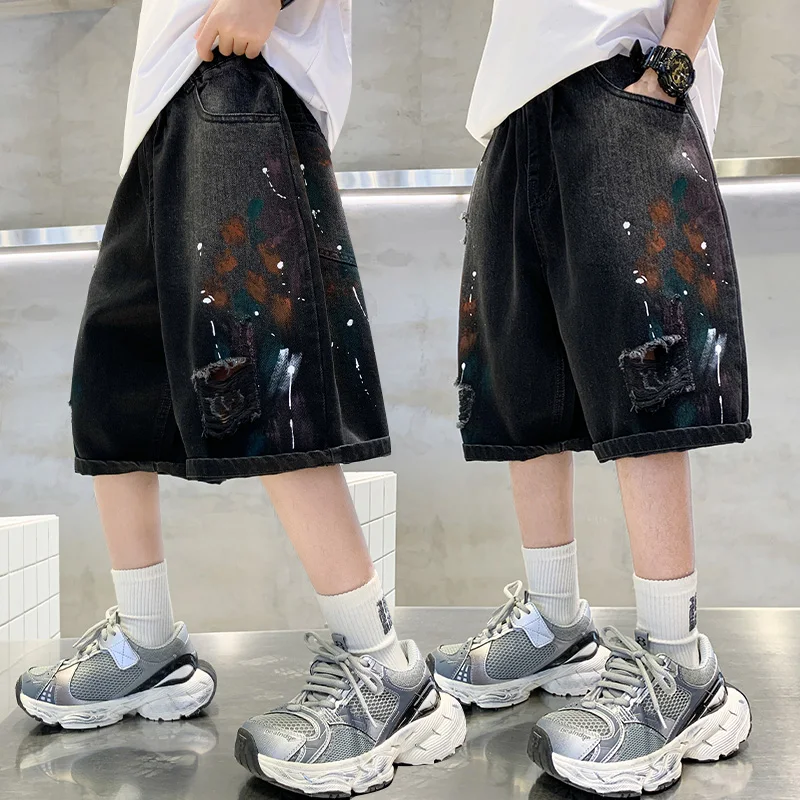 Kids Summer Harajuku Streetwear Ripped Denim Shorts with Drawings for Boy New Casual Black Jeans Capris Pants Child Age 5-14 Y