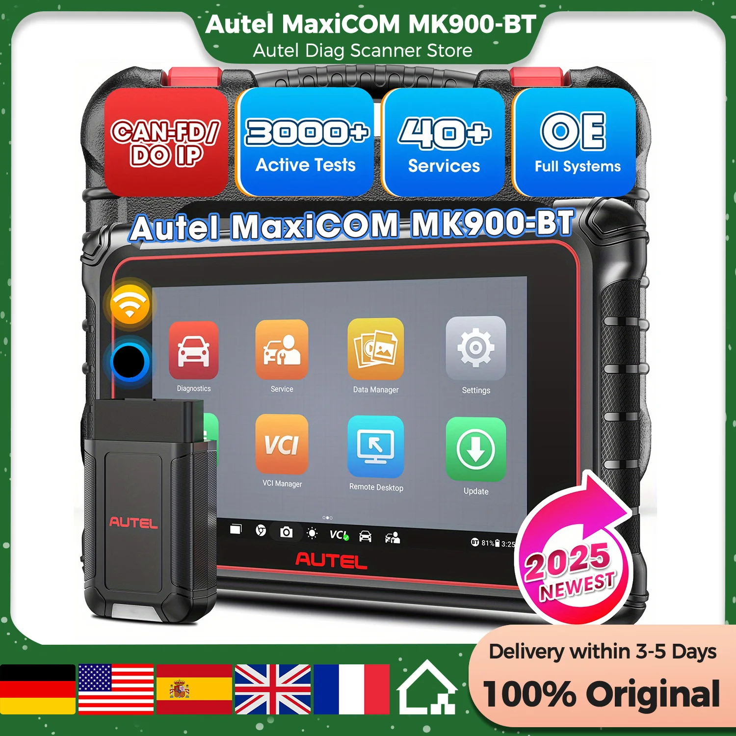 Autel MaxiCOM MK900BT Car Diagnostic Tools OBD2 Scanner 2025 40+ Service 3K+ Active Tests All Sys FCA Renault SGW Up of MK900