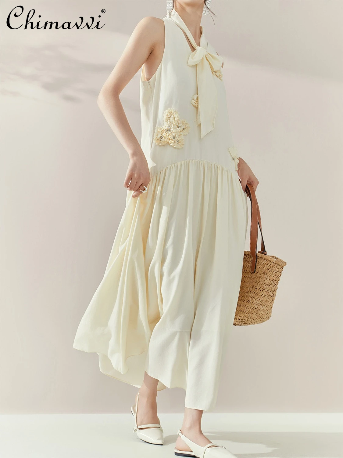 

French Elegant Casual Holiday Style 3D Applique Beads Round Neck Sleeveless Lace-up Bow High Waist Loose A-line Long Dress Women