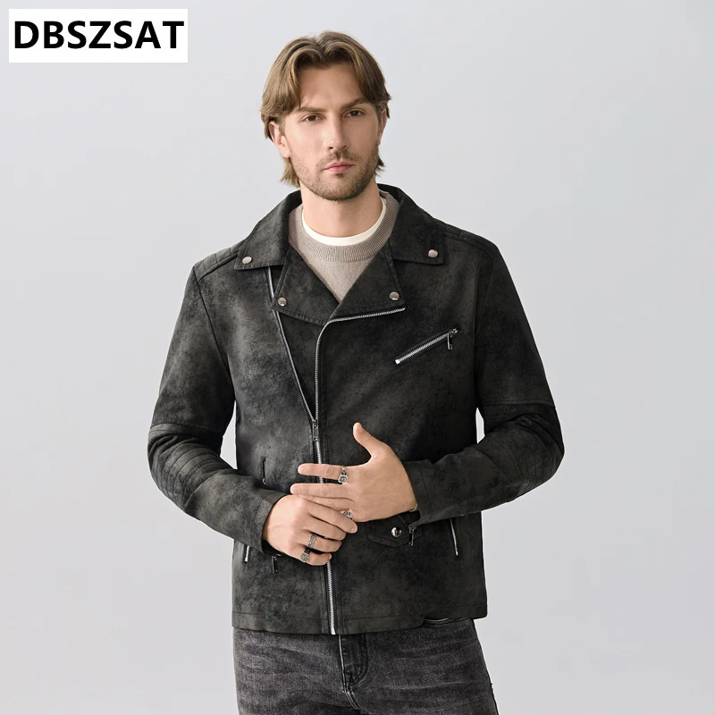 2028 Simplicity Solid Man Fashion Jacket Spring Autumn Retro Style Flip Collar Leather Jacket New Leisure Port Wind Coat Man