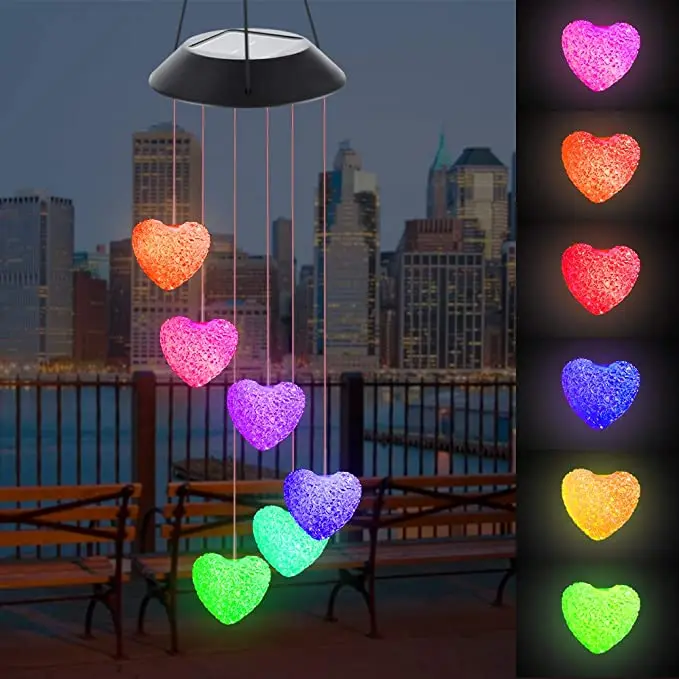 Factory Wholesale Solar Power light Decorative Love Heart Shape Wind Chimes Led Outdoor Color Changing Garden Light