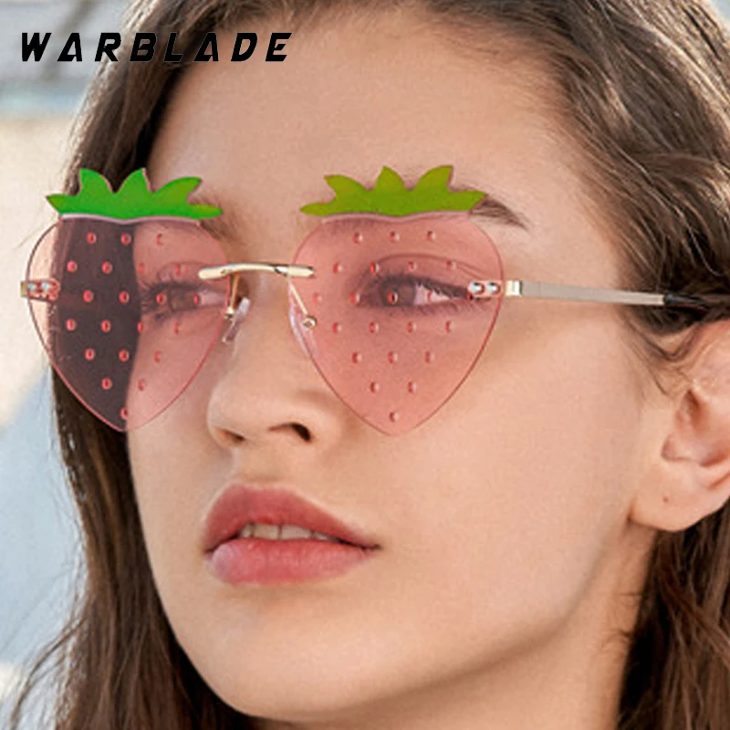 

New Fashion Cute Strawberry Rimless Popular Women's Sunglasses Brand Design Metal Men Sunglass Summer Travel Party Eyewear UV400