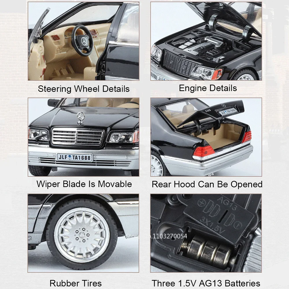1:24 W140 S400L 合金製ダイキャストカー、6ドア開閉、前輪操舵、サウンドライト、プルバック機能付き、友人の誕生日プレゼント