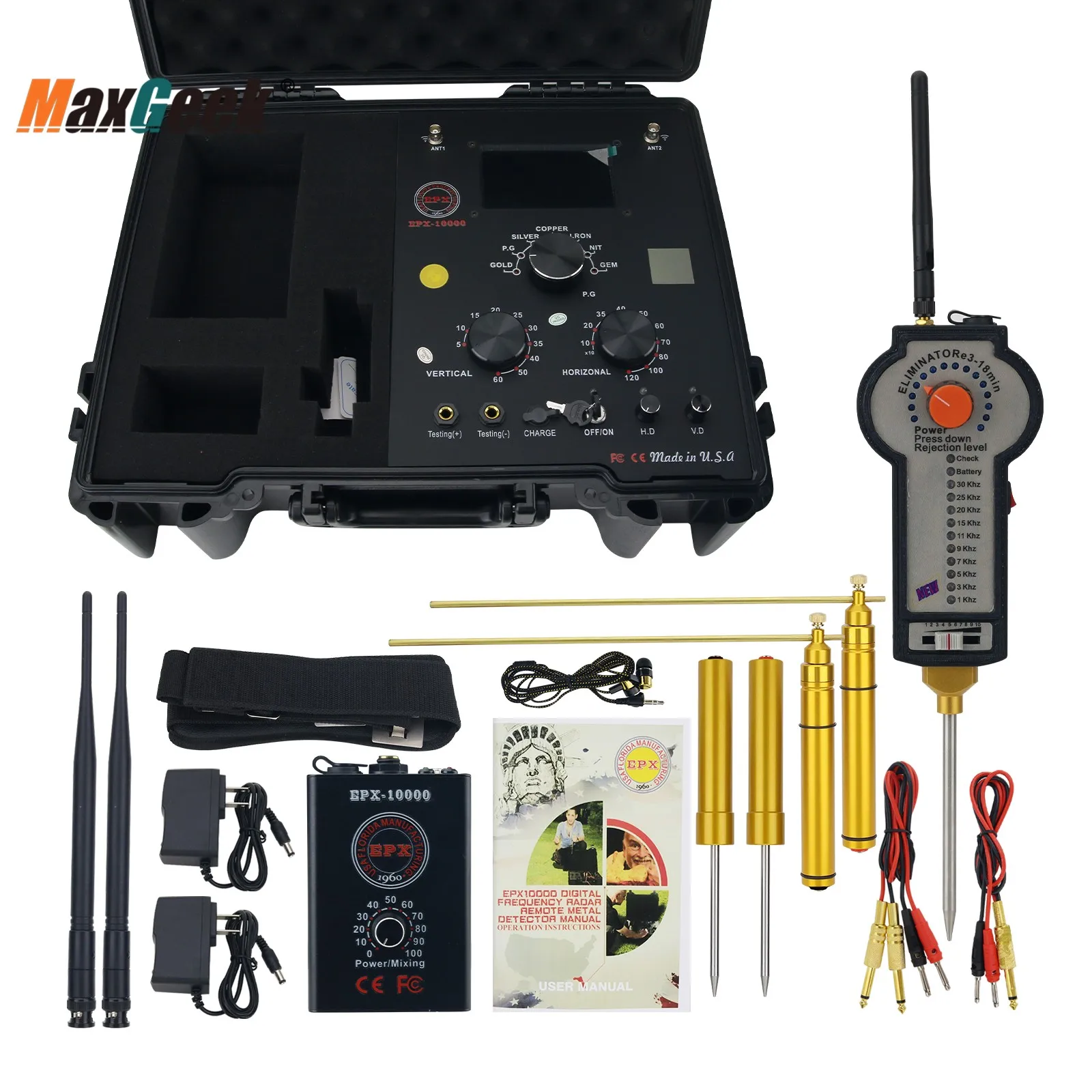 Maxgeek Long Range Gold Metal Detector Finder Scanner EPX-10000 Underground Gold Treasure Hunter 50M con Degausser