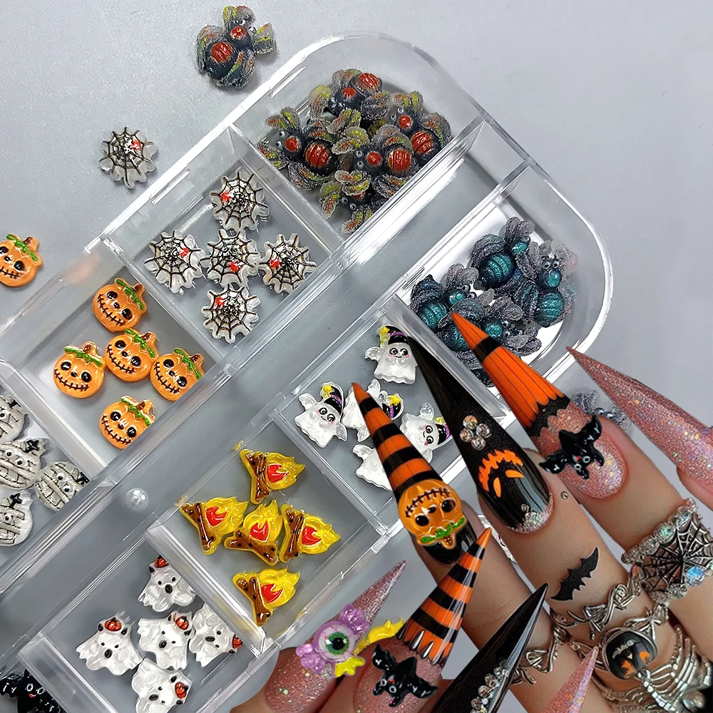 Breloques pour Nail Art fantôme d'halloween, 60 pièces, résine 3D, chauve-souris, araignée maléfique, citrouille, momie, strass pour ongles, fournitures de manucure Happy Halloween