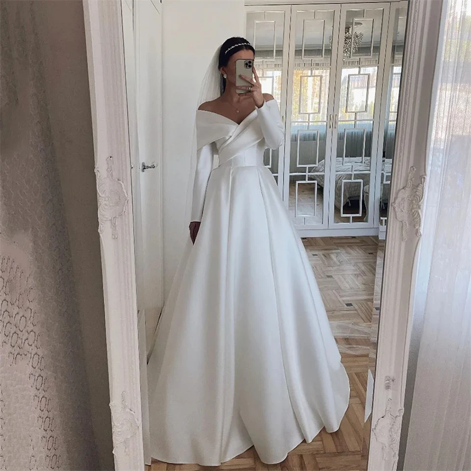 Personalizzato elegante fuori maniche scollo a V incrociato semplice A-line 2024 Abiti da sposa Sweep Train Abiti da sposa Abiti da Noiva