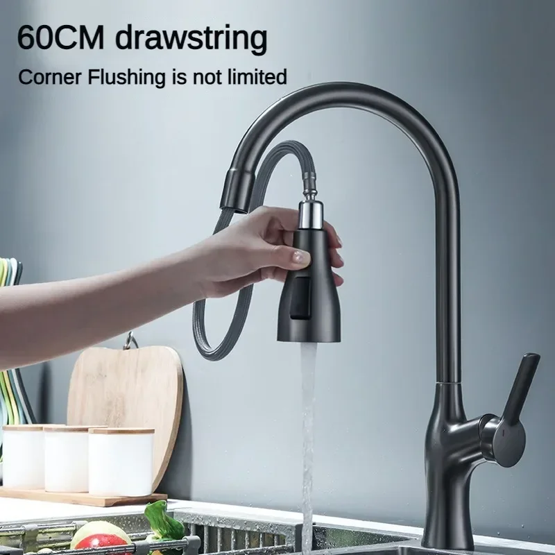 Pull Out Kitchen Sink Faucet Hot Cold Water Mixer Tap 3 Function Stream Sprayer Single Handle Brass Rotatable Water Tap