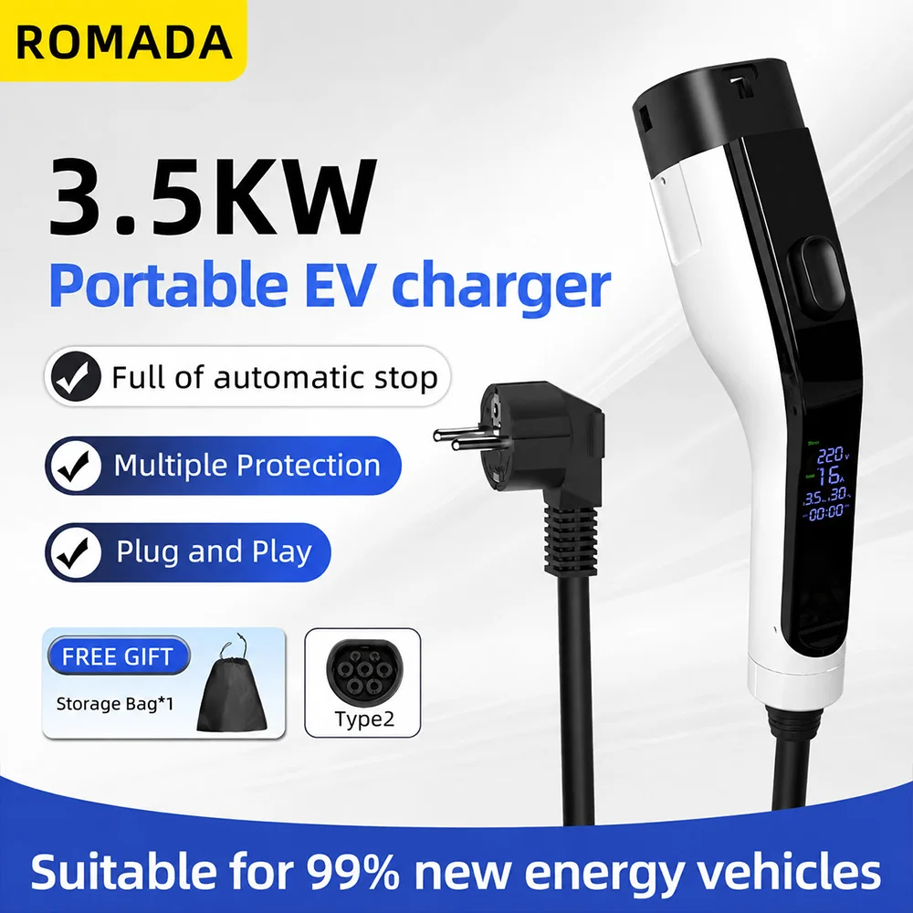 NEW ROMADA 3.5KW 16A Portable EV Charger 3M-10M Cable IEC62196 TYPE2 EVSE EU Plug Safe Fast Charging for Electric Vehicles CE