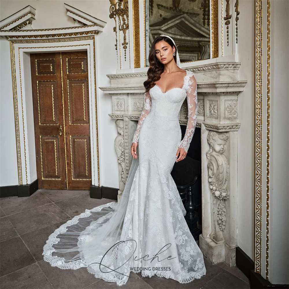 

QICHE Exquisite Lace Mermaid Wedding Dresses Long Sleeve Sweetheart Open Back Buttons Bridal Gown Vestidos De Novia Customized