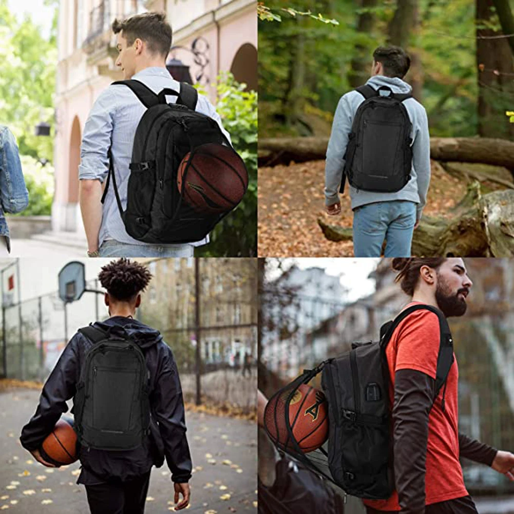 Neutral Waterproof Backpack With Anti-theft Password Lock, Reflective Strip, Basketball Net Pocket, USB And Headphone Interface