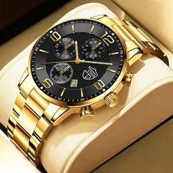 Luxury Mens Gold Stainless Steel Watches Fashion Men Business Leather Quartz Watch Man Calendar Luminous Clock relogio masculino