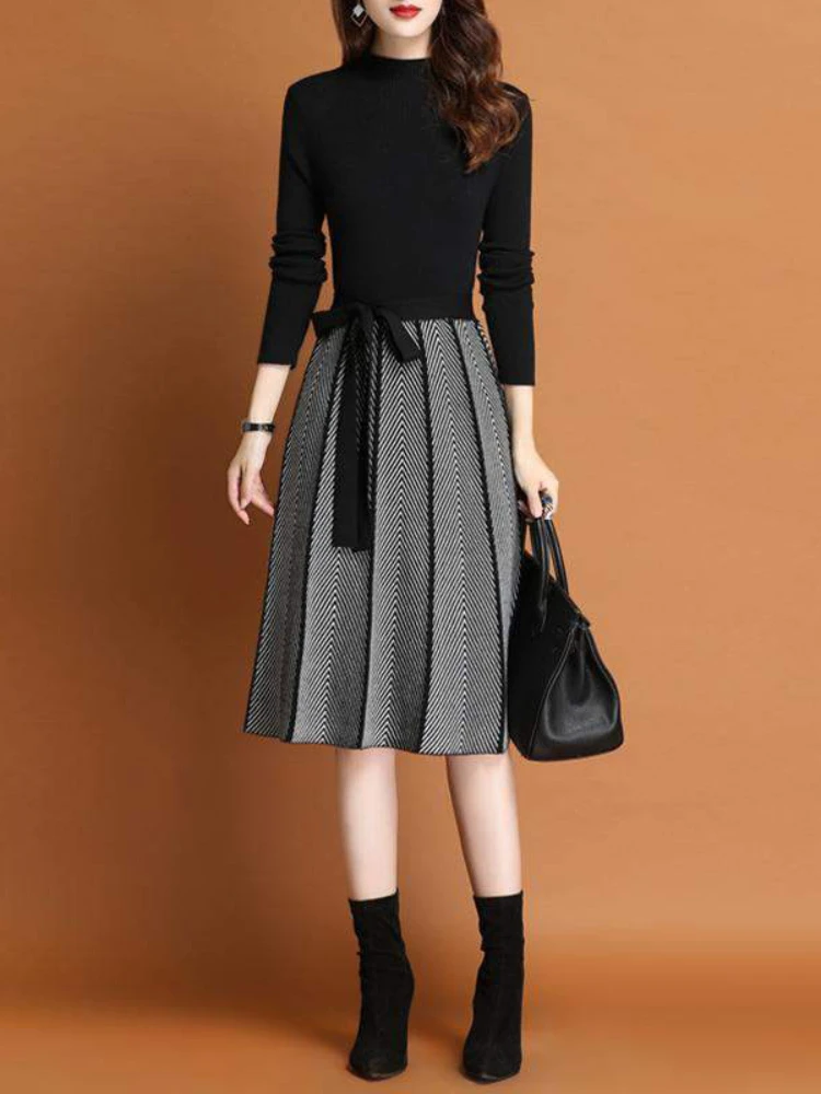 

2023 Autumn Winter Patchwork Sweater Dress Long Sleeve Elastic Waist Temperament Tie Female Slim Retro Pleated Knitted Dress