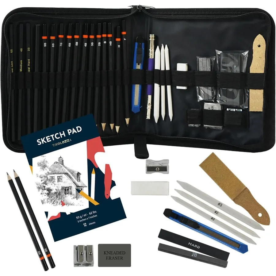Tavolozza Drawing Art Pencils Set 34 Pack Professional Drawing and Sketch Pencil Set in Soft-Sided Art Portfolio Storage Bags f