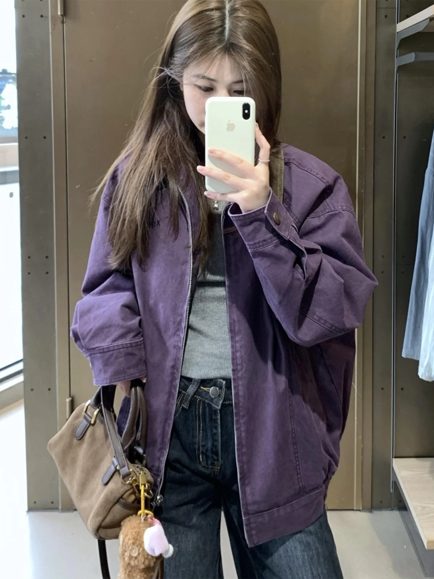 

Rouje Kefss American Style Purple Baseball Jacket Women's Autumn New Retro Collar Workwear Jacket Top Casual Loose Fit