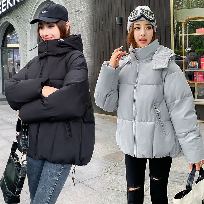 Women Short Oversize Parkas Coats Hooded Jacket Solid Drawstring Hem Zipper Fly Looose Fit Thick Casual Office Lady Winter 2025