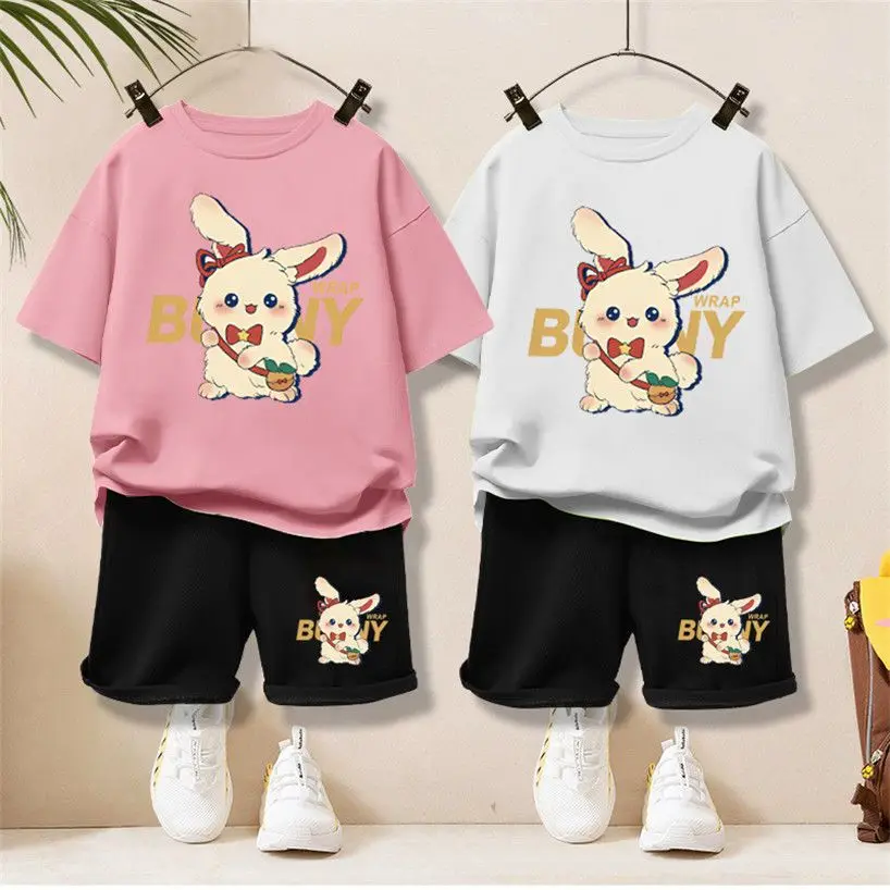 

Summer Baby Girl Clothes Children Cartoon Rabbit Printed T-shirts and Shorts Set Kid Boy Casual Top Bottom Outfits Tracksuits