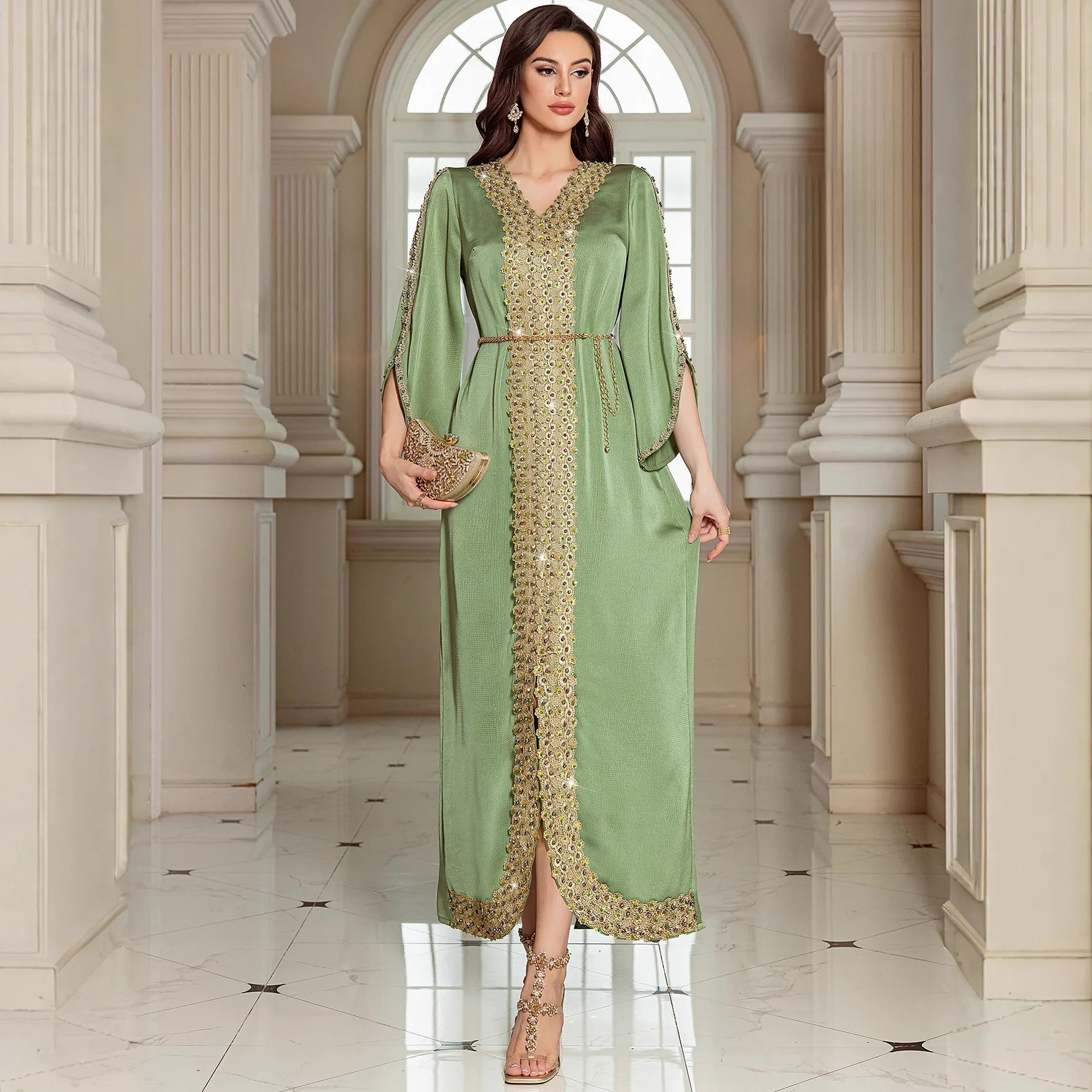 Abaya Jalabiya 2025 Eid Dress Women Muslim Beading Diamond Party Dress Lace Long Dresses  Vestidos Largos Arab Long Robe Morocco