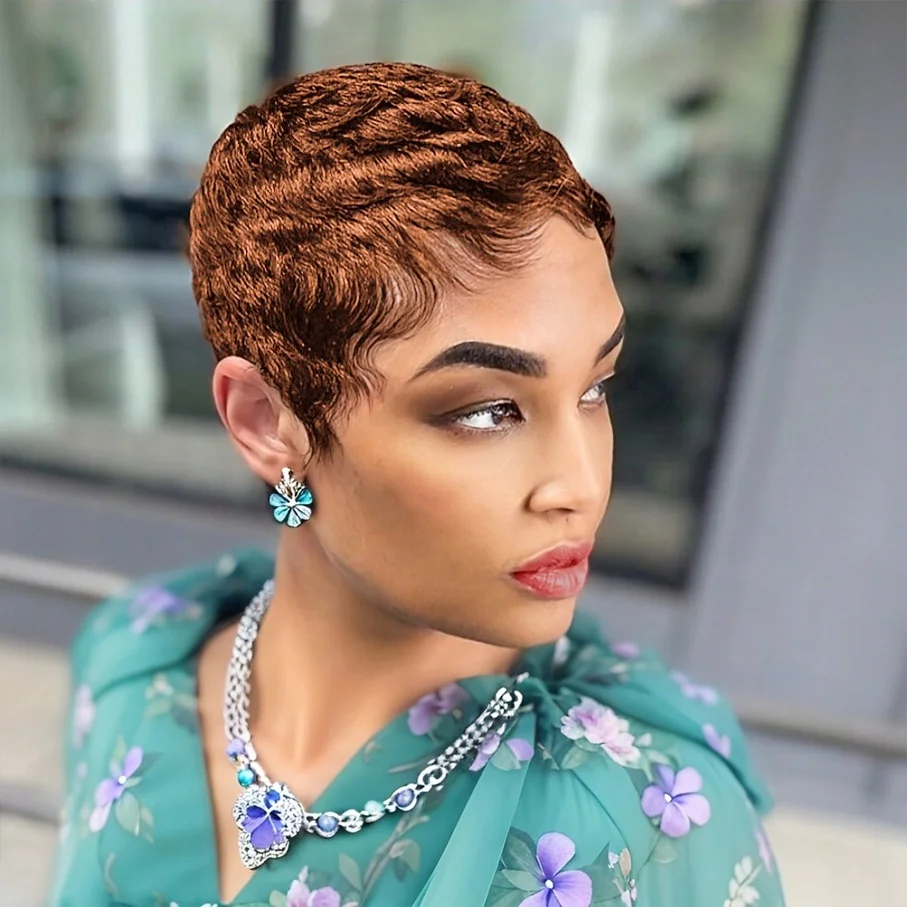 

Парики из натуральных волос Короткий парик пикси с челкой для женщин Модные парики Полная машина для париков для вечеринок