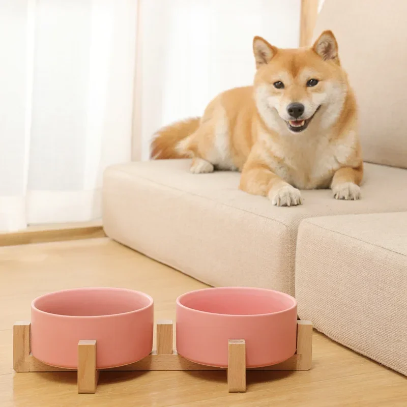 

Ceramics Double Bowl Food Water Bowls with Wood Stand No Spill Large Feeder Dish for Dogs Cats Feeding Puppy Pet Supplies