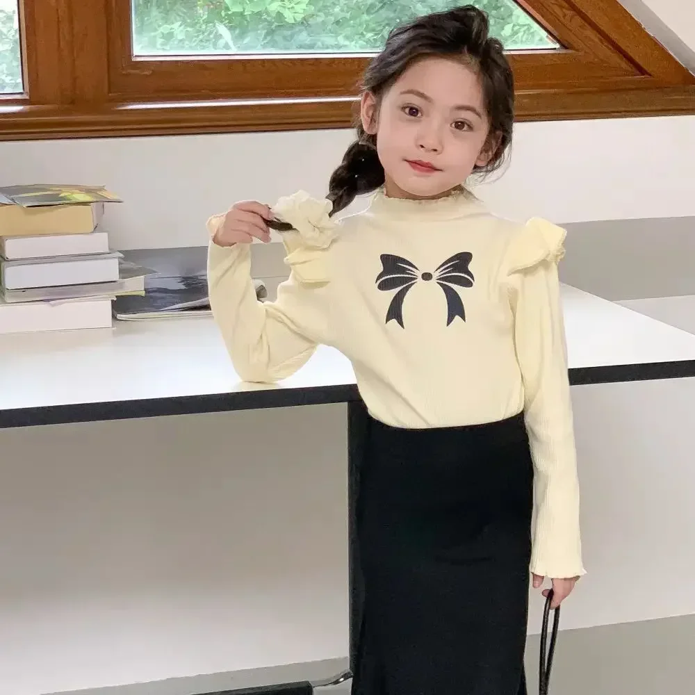 

Girls Top Long-sleeved T-shirt New Baby Flying Sleeves Bow Bottoming Shirt Children's Sweet and Stylish Top T Loungewear Outfit