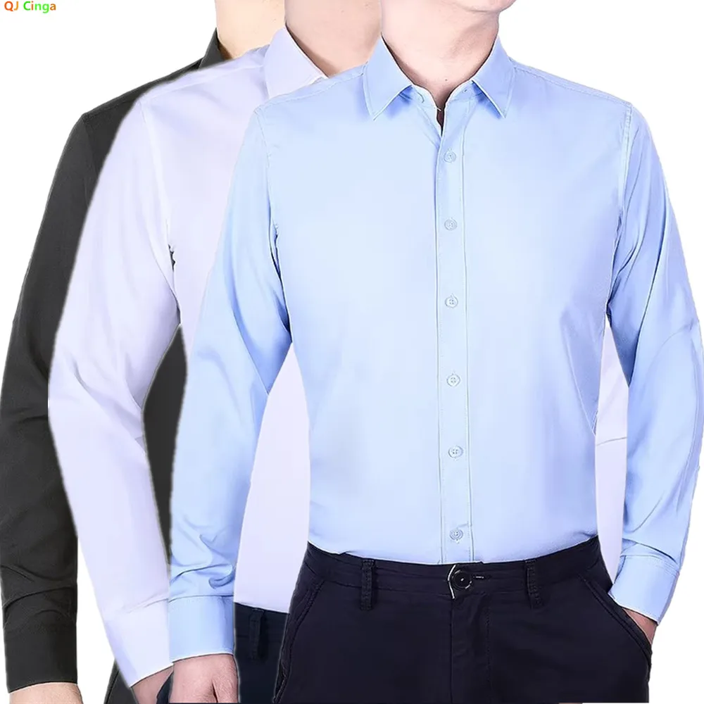 

Мужская рубашка с длинным рукавом светло-голубого цвета, весна 2026, с черным воротником на одной пуговице, азиатские размеры M-7XL. Слегка эластичный (с возможностью небольшой растяжки)