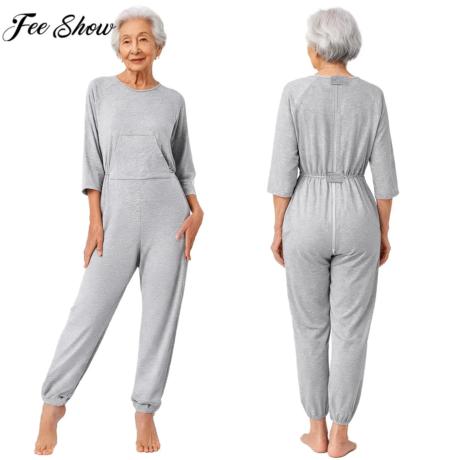 Women Elderly Adaptive Clothing Alzheimer Dementia Disabilities Special Needs Anti-Strip Back And Legs Zipper Jumpsuit Homewear