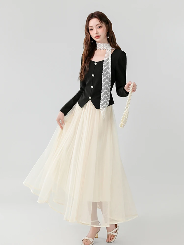 

Korean Sweet Slim Two Piece Suits Women Chic Square Collar Tops + High Waist Fluffy Skirt 2025 New Fashion Sets